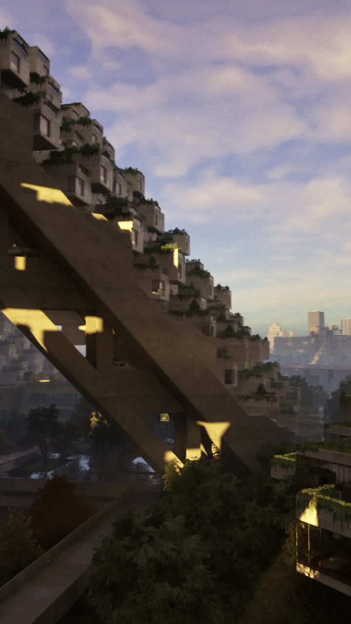 Innovative architecture in a futuristic urban landscape at sunrise