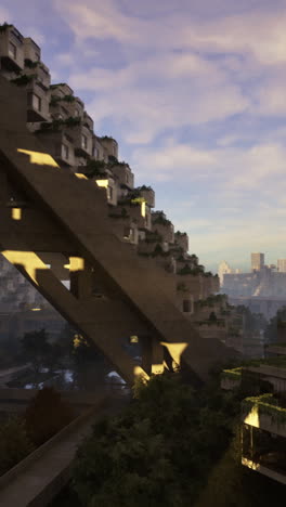 innovative architecture in a futuristic urban landscape at sunrise