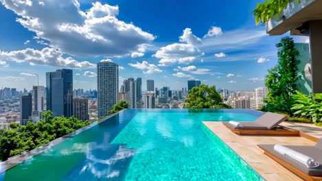 a swimming pool with lounge chairs and a view of the city