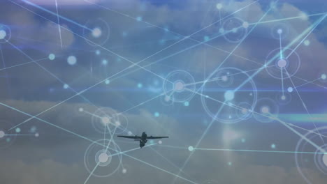 animation of connected dots over low angle view of airplane flying in sky