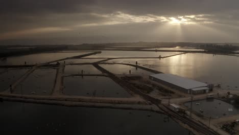 aerial view of fish ponds at sunrise/sunset