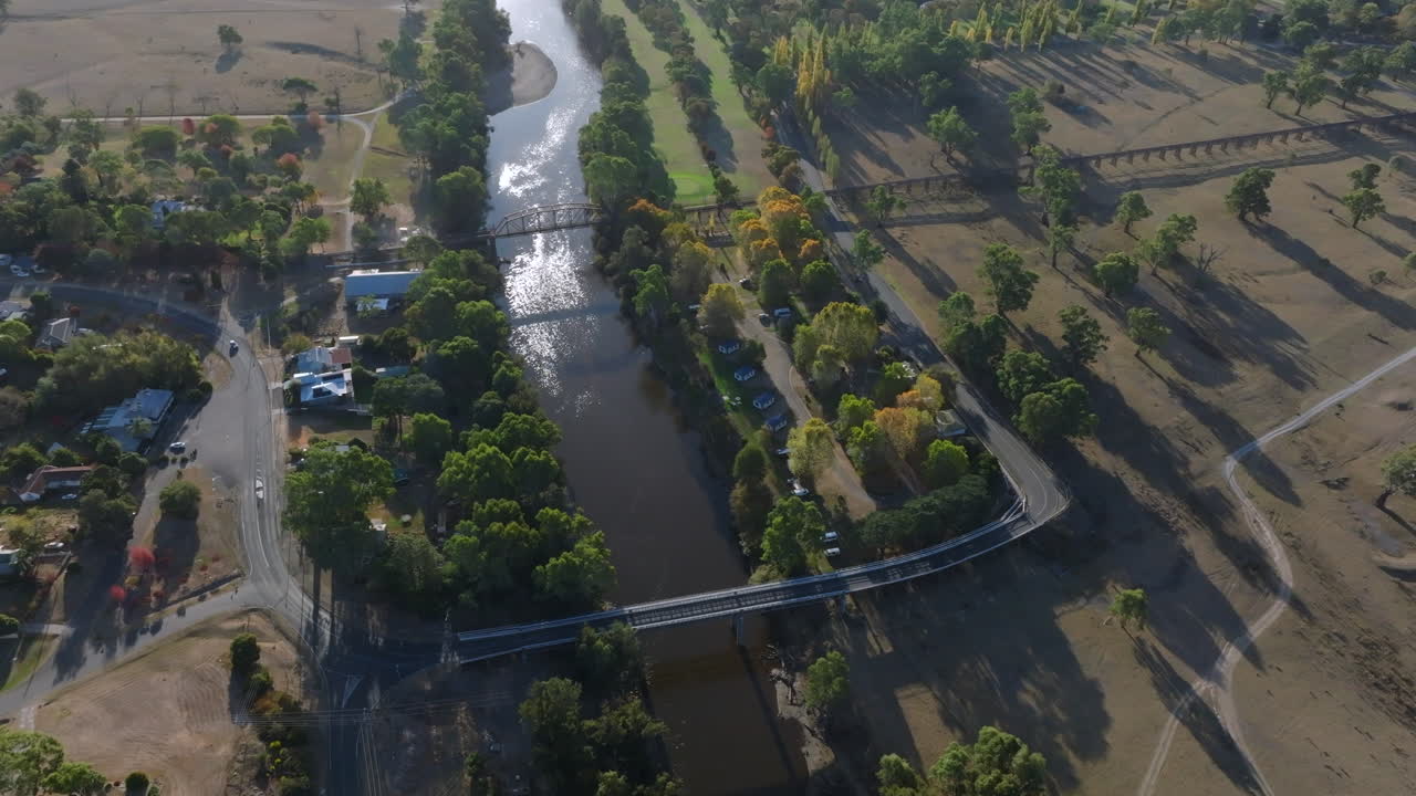 Aerial: Drone of the Murrumbidgee River Railway Bridge in Gundagai, NSW, Australia