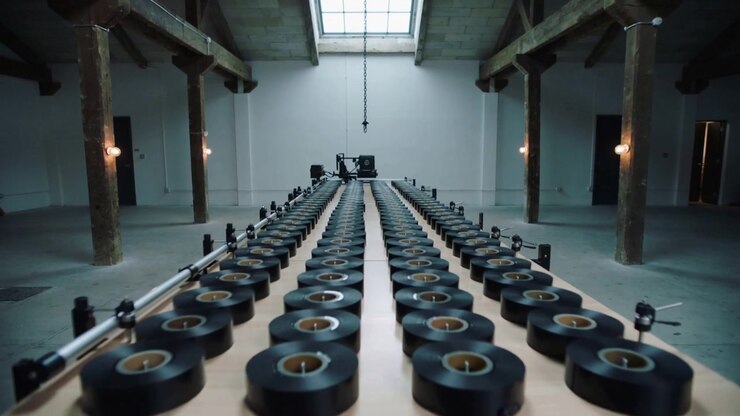 Pushing camera dolly moving forward in loft, revealing black tape rows with rig under skylight