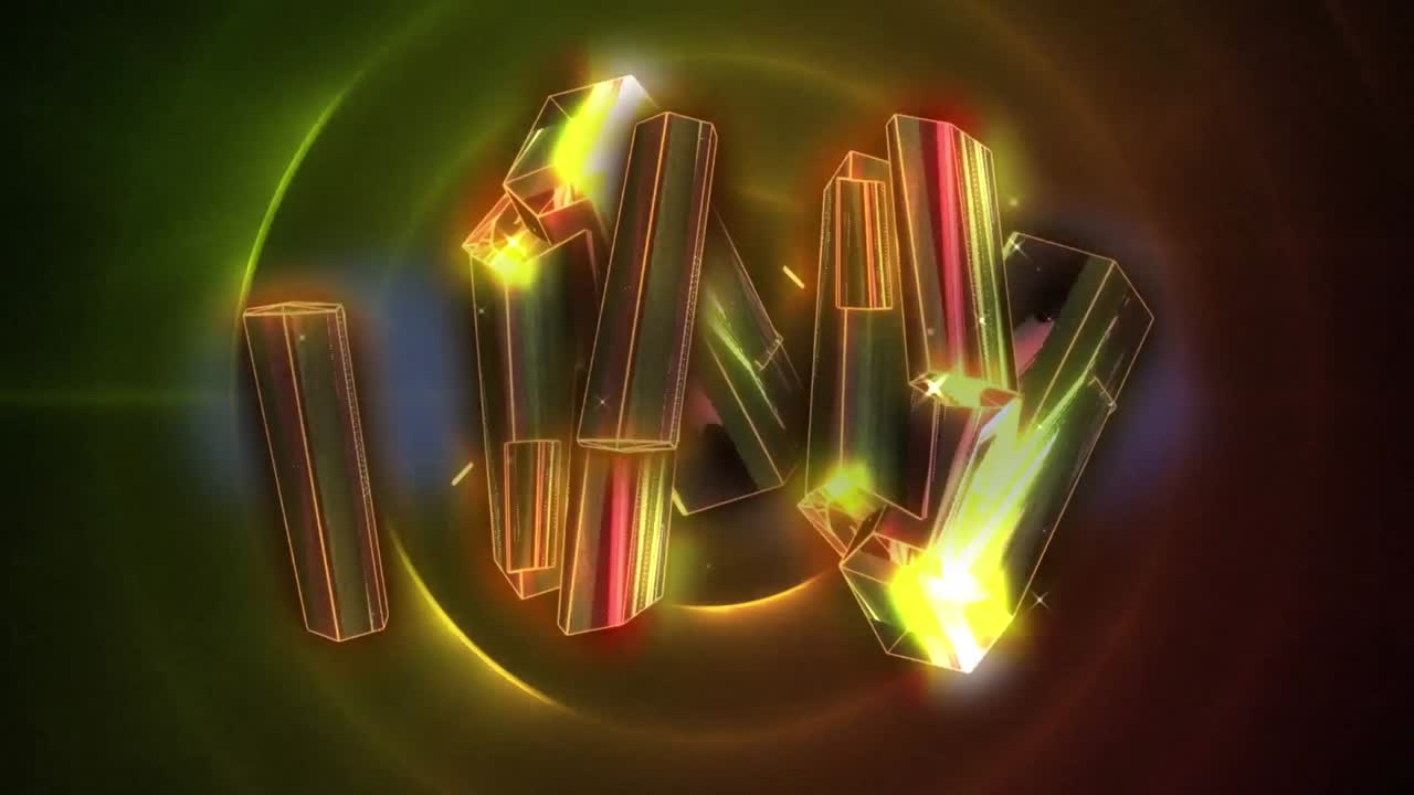 цифровая анимация золотых кристаллов на фоне зеленых спиральных световых следов на черном фоне