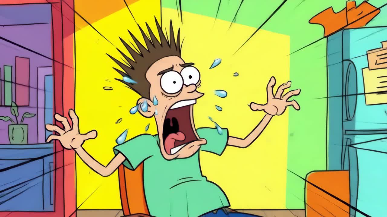 Animated Cartoon Man Screaming in Exaggerated Fear and Panic