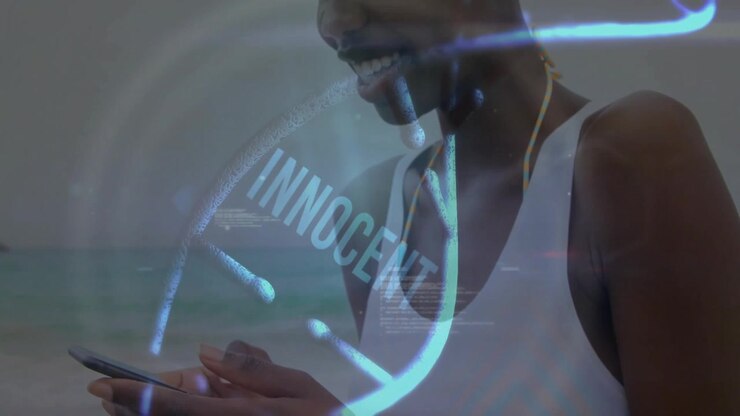 woman interacting with smartphone on beach shoreline, projecting biotech DNA helix and digital code