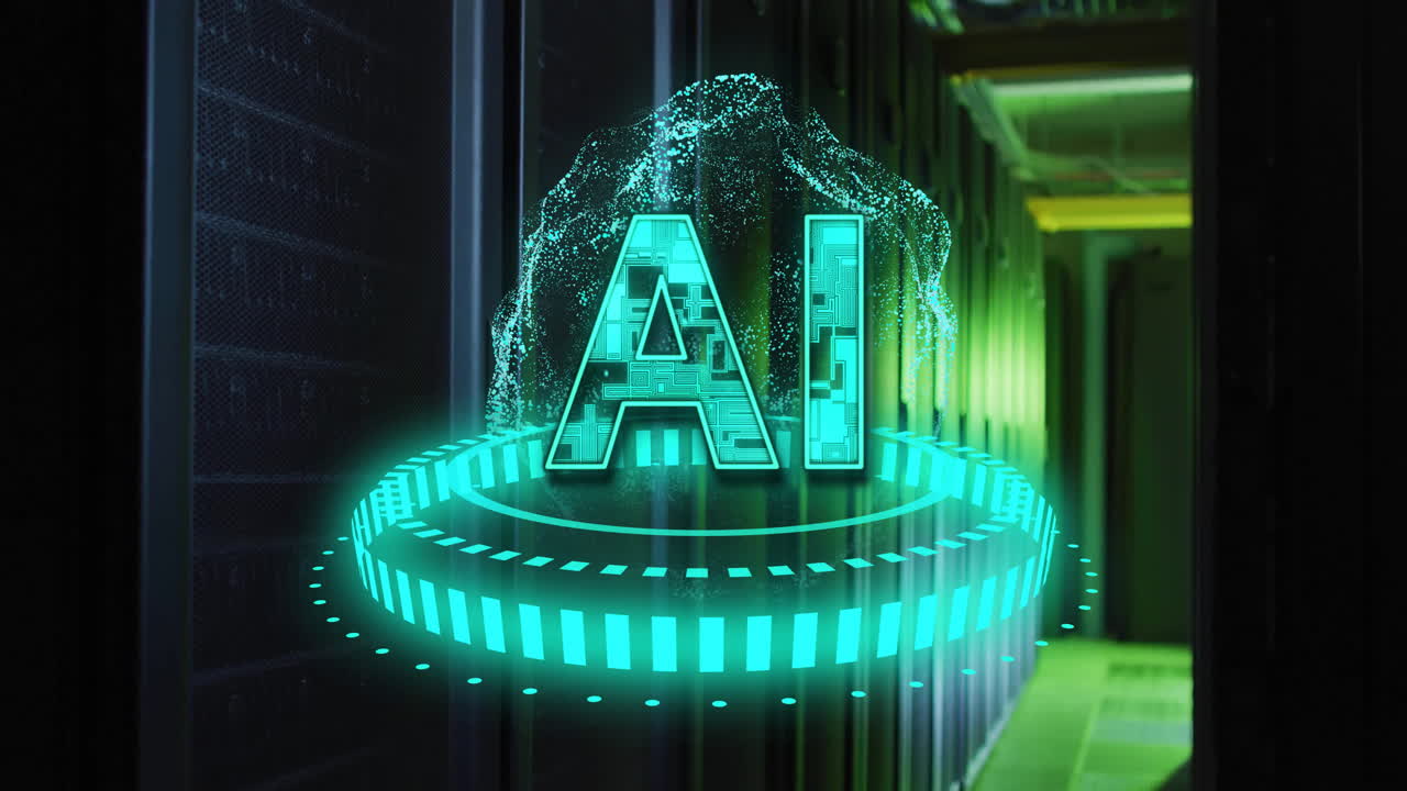 animación de texto y partículas digitales sobre el fondo de la sala del servidor