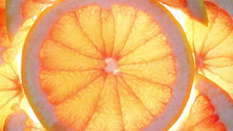 top view rotate of orange slice on white background, transparent slice of fresh grapefruit on white background, 4k resolution