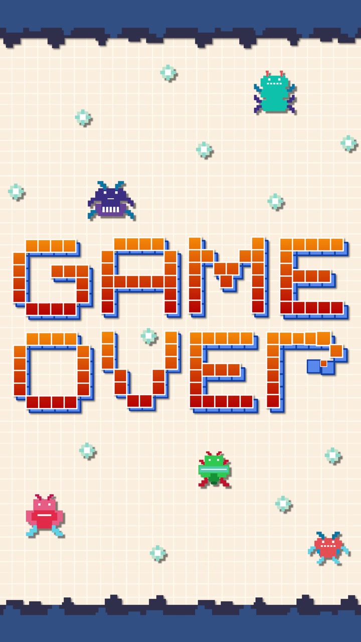Dikey piksel sanat animasyonu, ızgara arka plan üzerinde renkli uzaylı sprite'ları ile 'Game Over' metnini ortaya çıkarıyor.