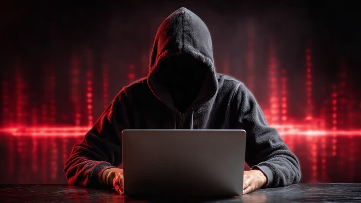 Una figura misteriosa con una felpa con cappuccio interagisce con la tecnologia su uno sfondo oscuro e inquietante caratterizzato da luci rosse pulsanti ed elementi digitali