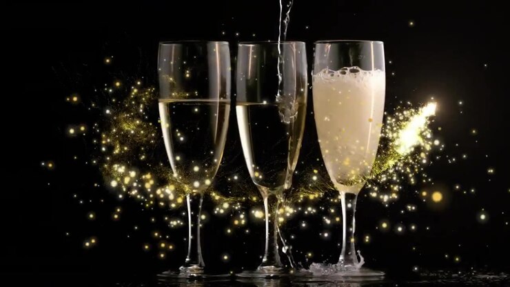 Tre flûte di champagne scintillanti su un tavolo, con bollicine che si versano e particelle dorate che turbinano.
