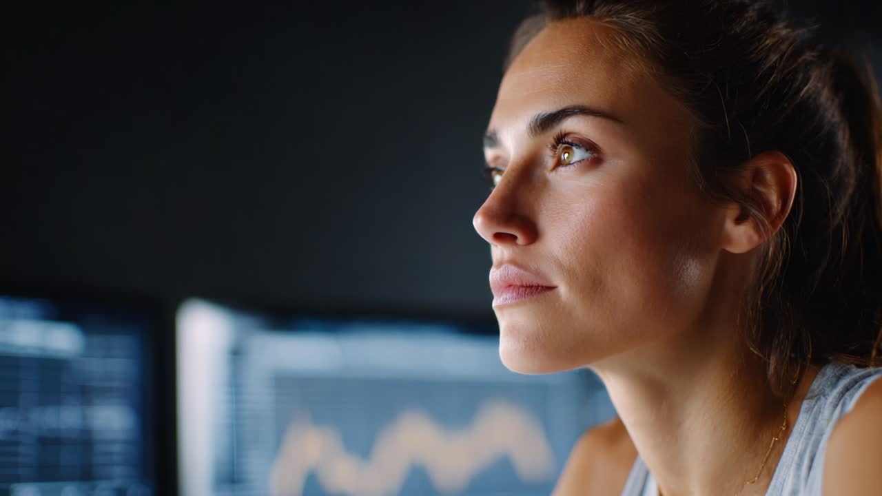 A focused woman gazes thoughtfully at financial data, contemplating analysis while seated in a modern office environment, with graphs and statistics displayed on multiple screens illuminating her expressions