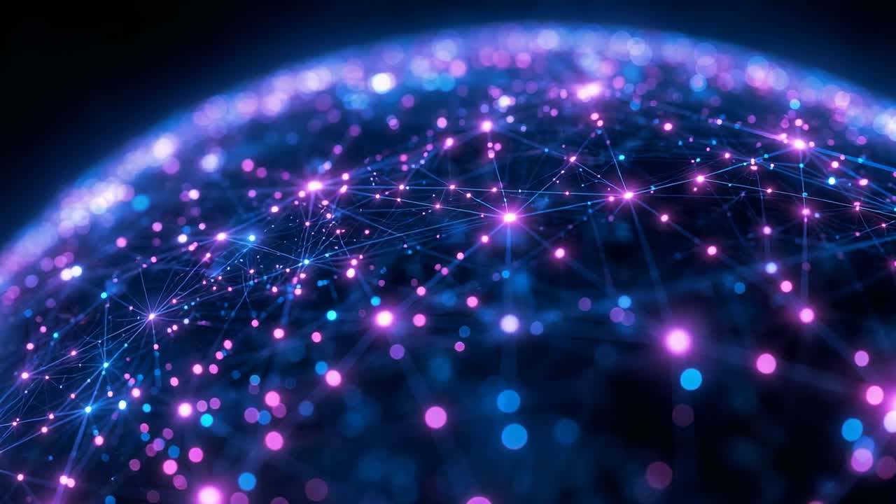 Starting network globe rotating in data space, neon nodes pulsing and data flowing across strands