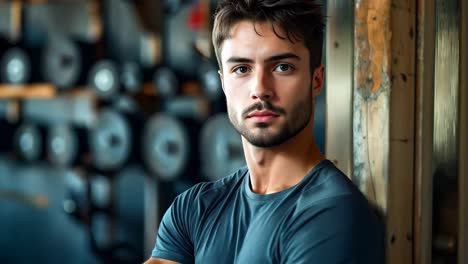 a man leaning against a wall in a gym