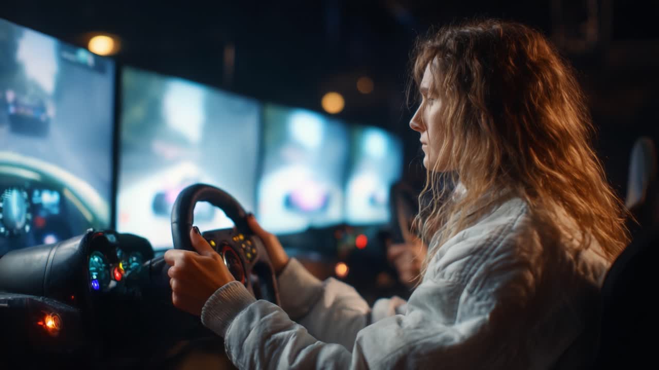 Immersive Racing Experience: A Gamer Engaged in High-Intensity Simulation on Multi-Screen Setup, Capturing the Thrills of Competitive Driving in a Virtual World