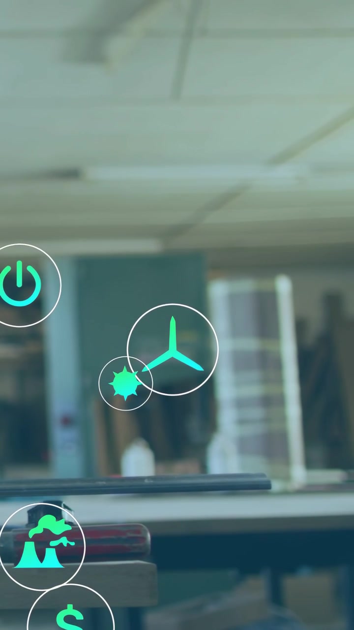 Vertical video: After pause green propeller icon pulsing center other icons grouping showing status