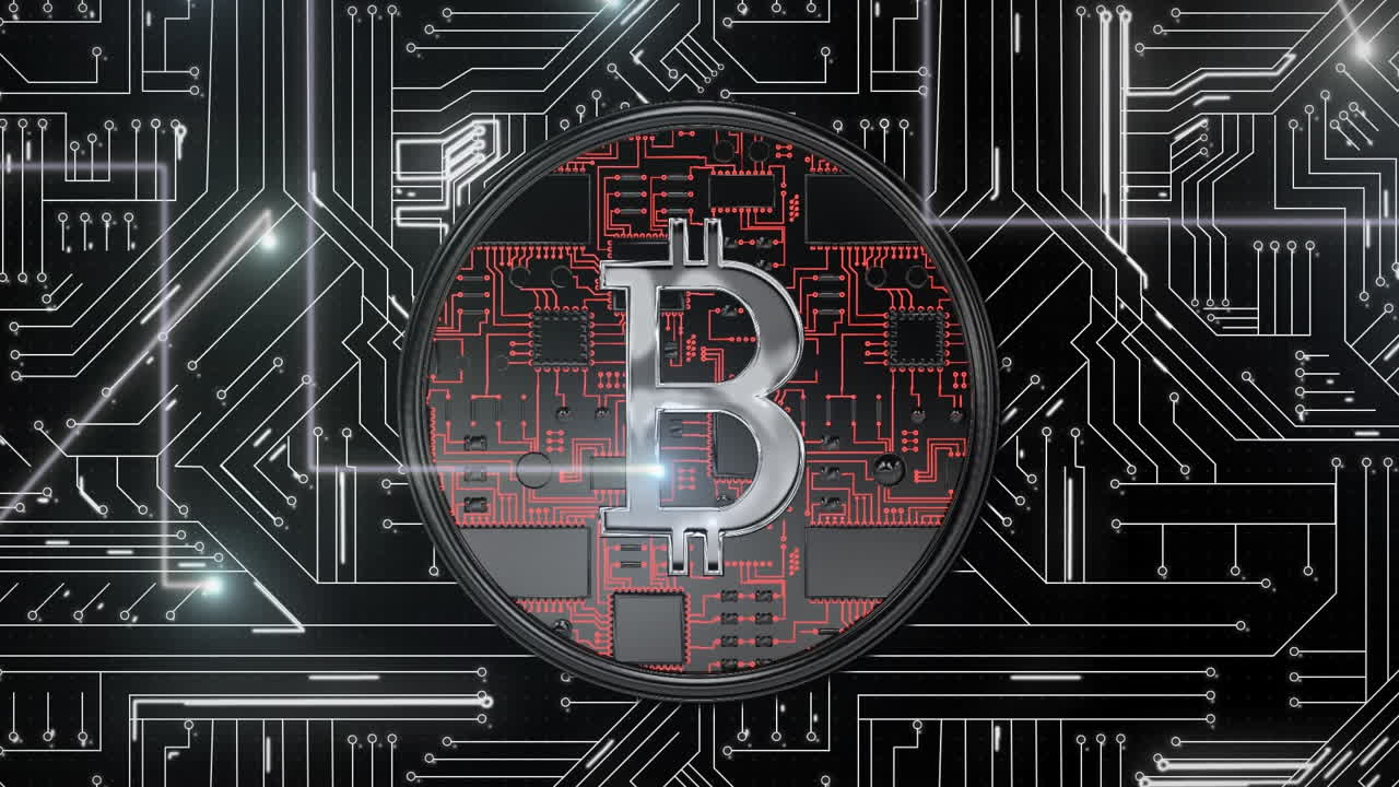 animación de la placa de circuito y bitcoin