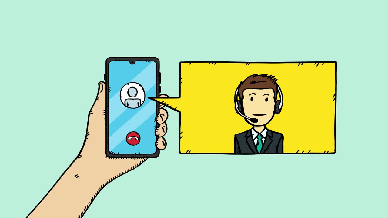 손으로 휴대전화를 들고 있는 4k 애니메이션, 얘기하는 고객 서비스 담당자, 다채로운 도들 스타일의 애니메이션.