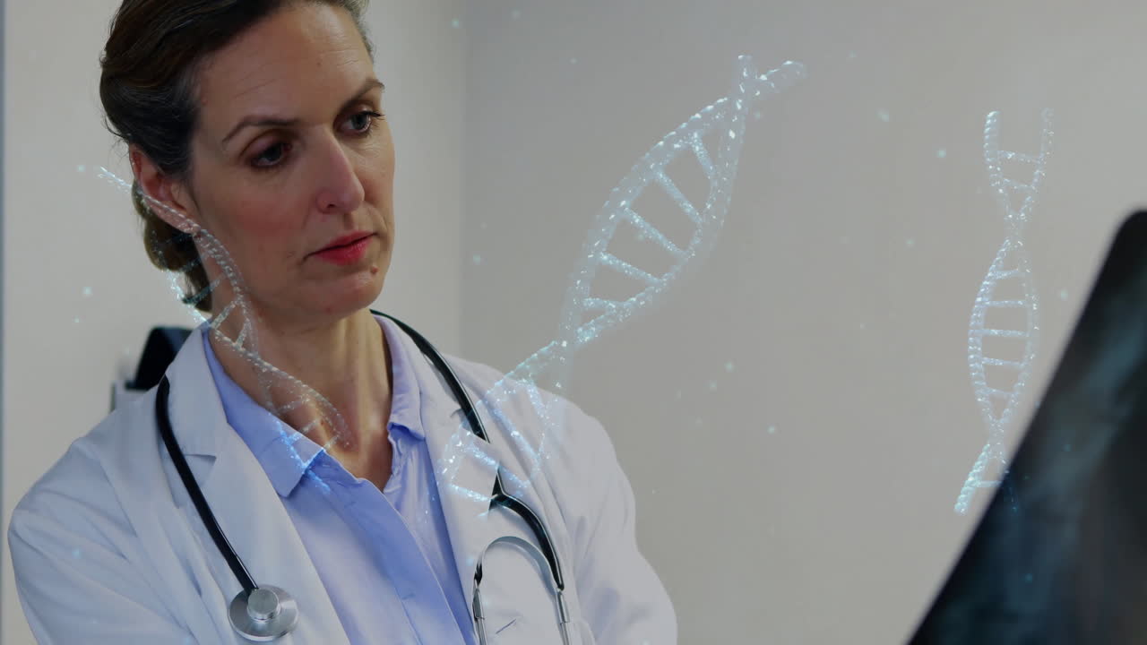 Animation of dna strands over caucasian female doctor holding xray