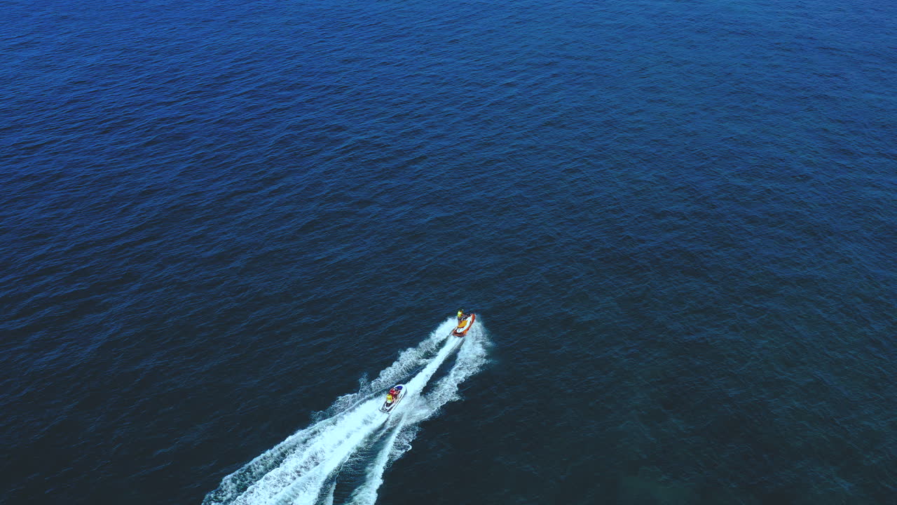 Jetski racing aerial top shot mediterranean sea beautiful patterns on the water, skijet racing, motor boats.