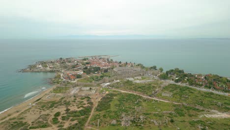 Panoramic-Aerial-View-Of-Side-Ancient-Port-City-In-The-Mediterranean-Coast-Of-Turkey