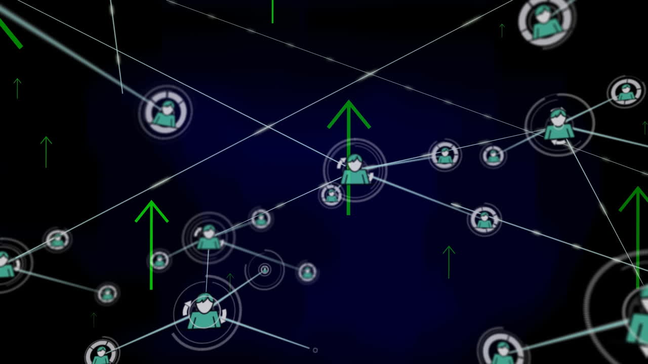 Animation of network of connections with user icons over arrows on black background