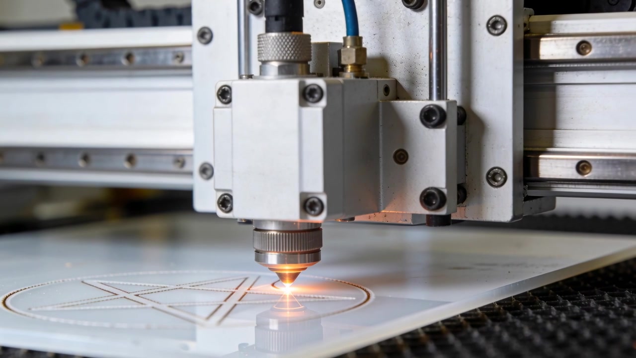 Accensione del plasma, testa laser CNC che taglia un cerchio su un foglio bianco su un letto a nido d'ape, formando linee a stella.