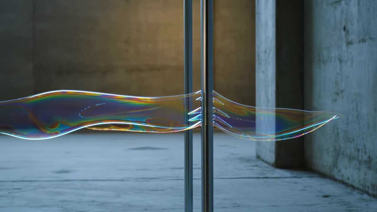 A translucent soap film hangs vertically in an empty concrete room, creating a delicate iridescent shape with soft reflections, cool shadows, and an abstract