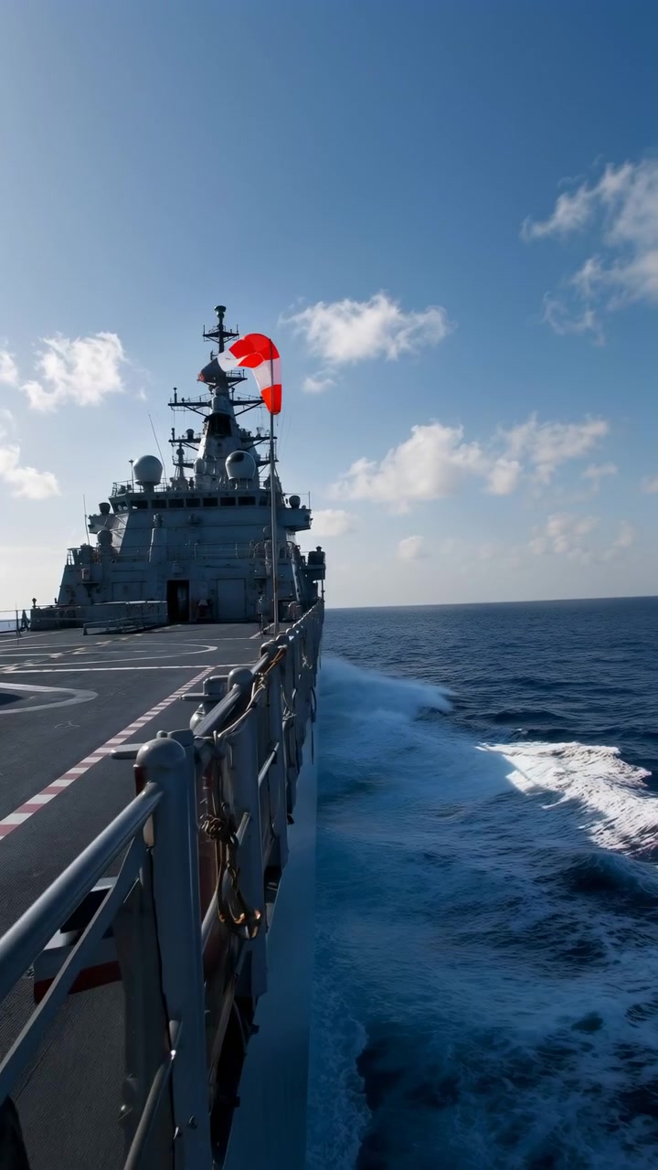 Vista lungo il ponte di una nave grigia che mostra un avanzamento costante sull'acqua blu profondo, con una scia spumeggiante che si trascina accanto ai parapetti metallici mentre la sovrastruttura si erge sotto un cielo luminoso e nuvoloso.