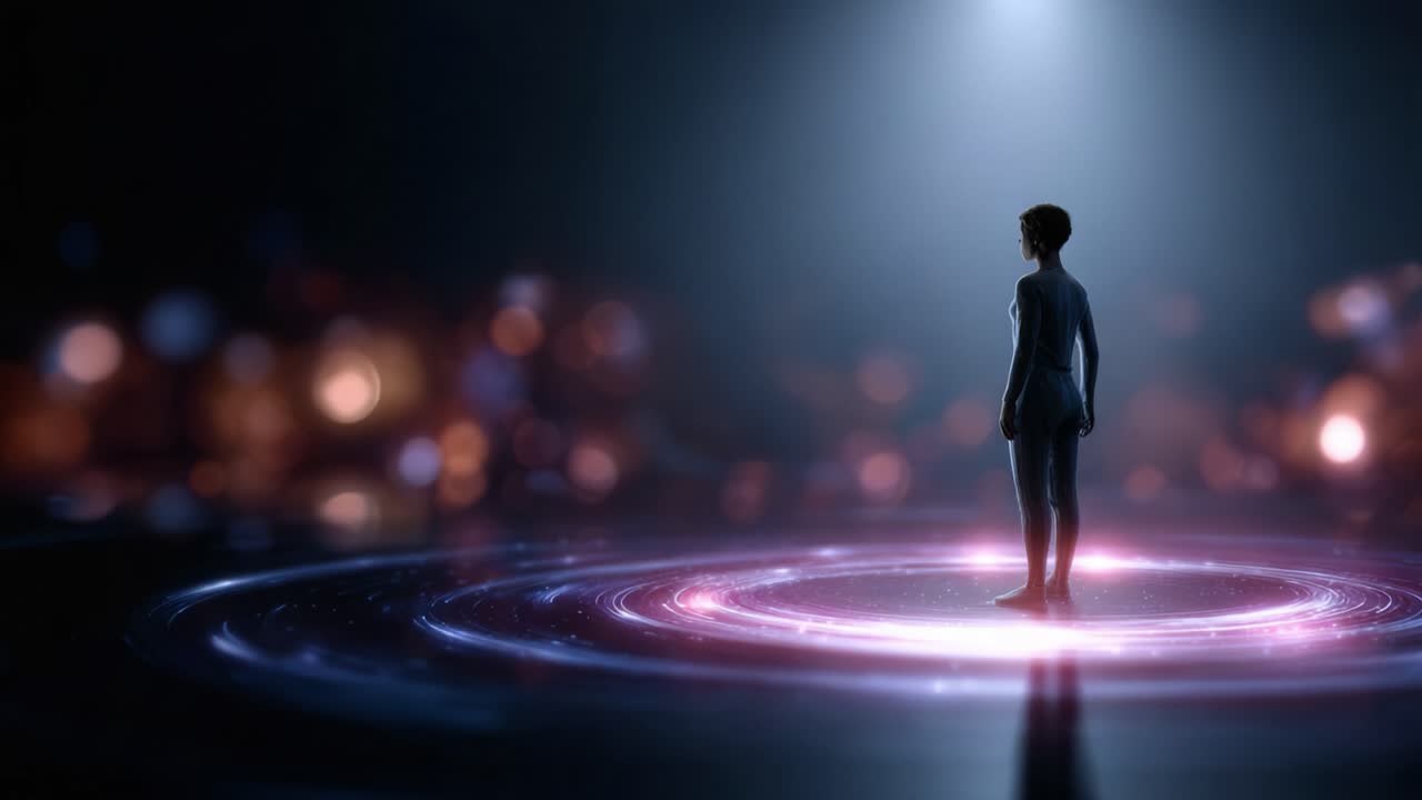 A lone figure stands in a captivating illuminated space, surrounded by vibrant energy, symbolizing exploration and the intersection of the physical and digital realms