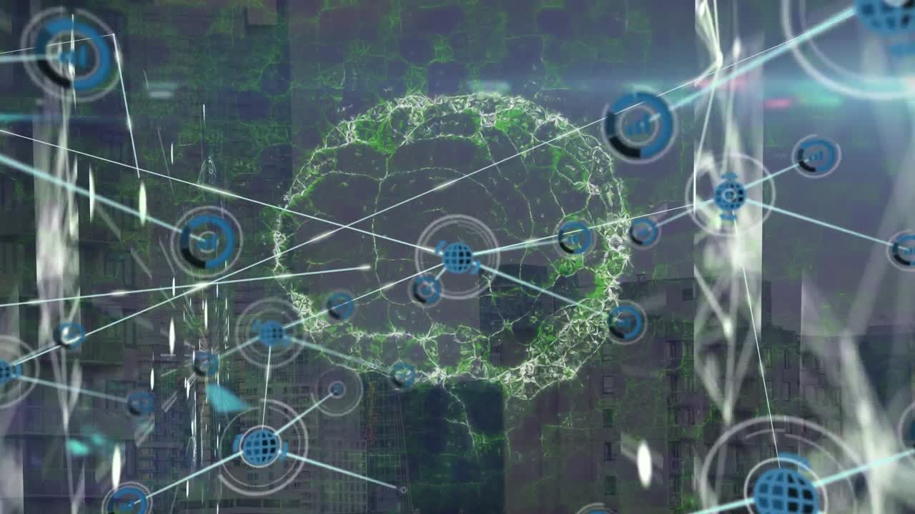 도시 풍경에 대한 아이콘과 두뇌와의 연결 네트워크의 애니메이션