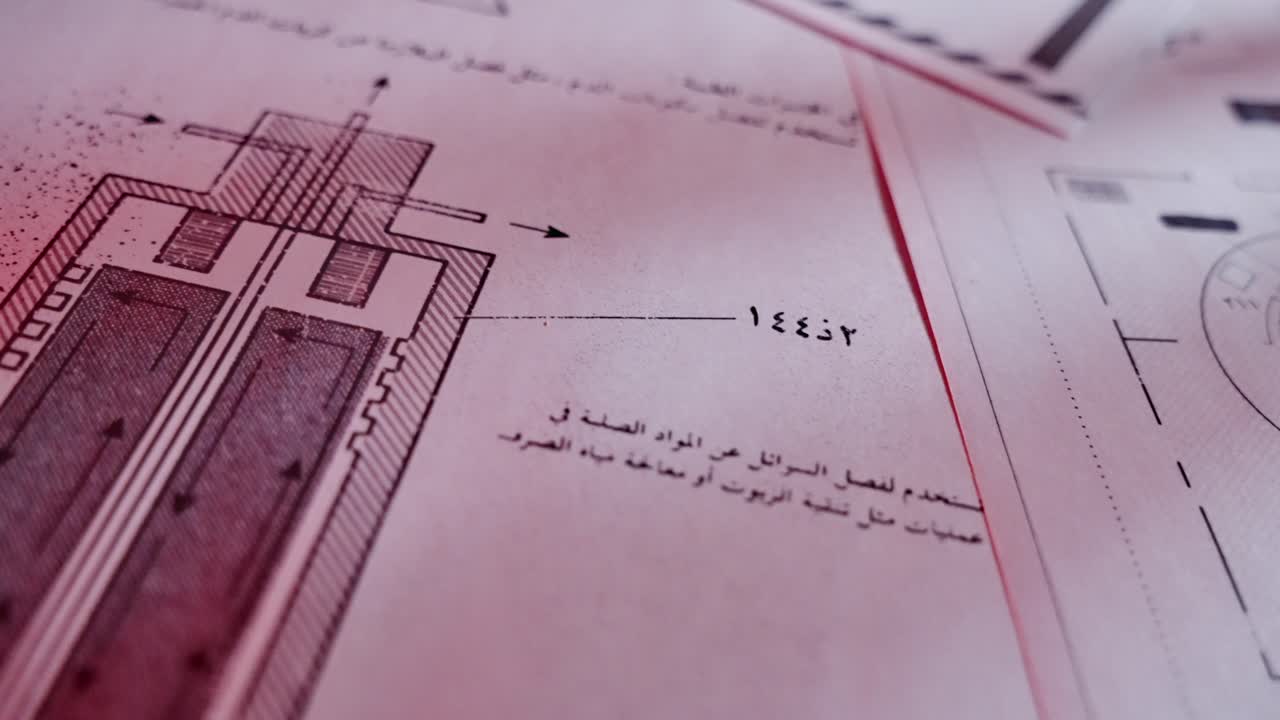 Camera move floating over secret classified looking documents in Arabic. Military operation surveillance and espionage. Revealing confidential spy information of potential nuclear plans and facilities