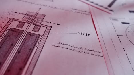 camera move floating over secret classified looking documents in arabic. military operation surveillance and espionage. revealing confidential spy information of potential nuclear plans and facilities