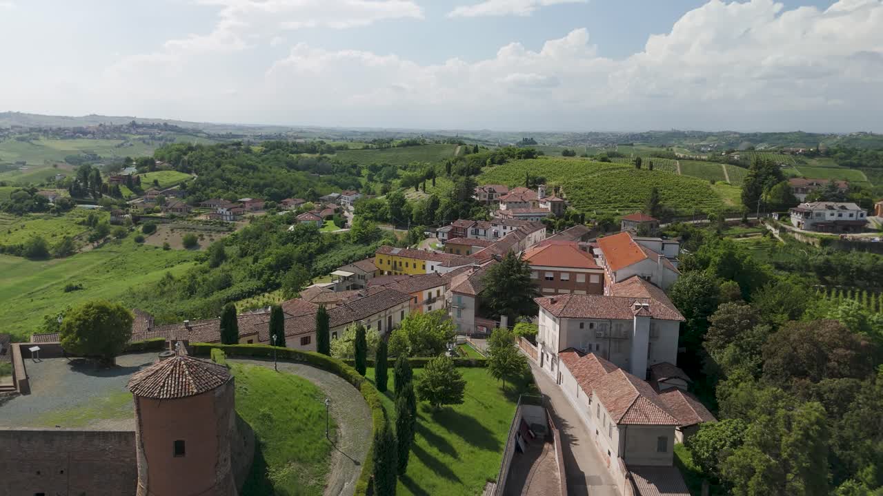 Castelnuovo Calcea, Monferrato region, Asti, Piedmont, Italy. 4k aerial view of the city. Langhe-Roero and Monferrato. Flying above the castle and the city.
