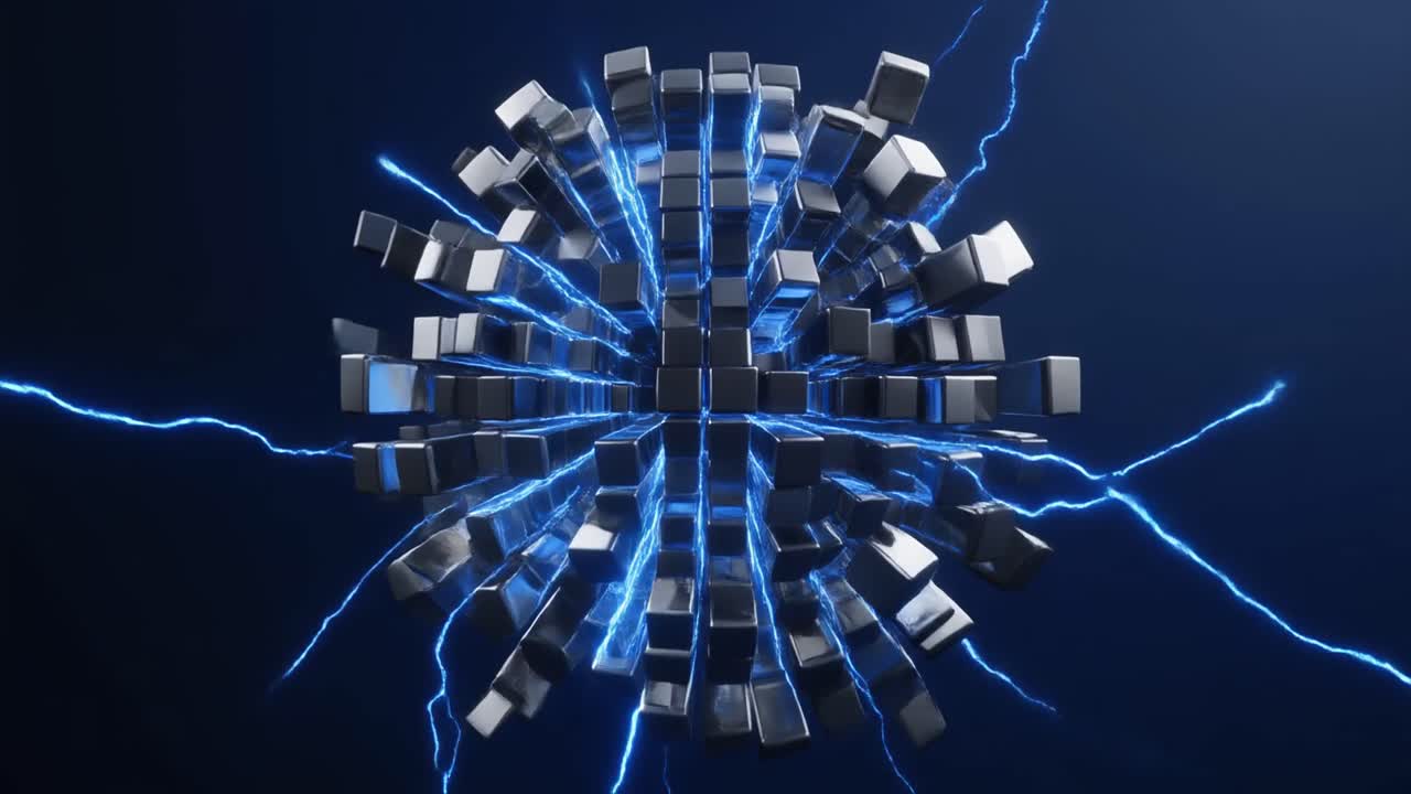 Cubi metallici in espansione con archi di energia blu
