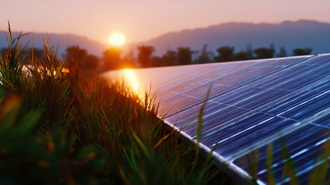 Stunning Sunrise Over Solar Panels: A Glimpse of Renewable Energy's Role in a Sustainable Future with Vibrant Nature and Evolving Technology
