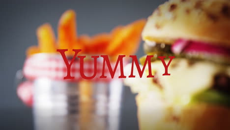 animación de delicioso sobre patatas fritas y hamburguesa