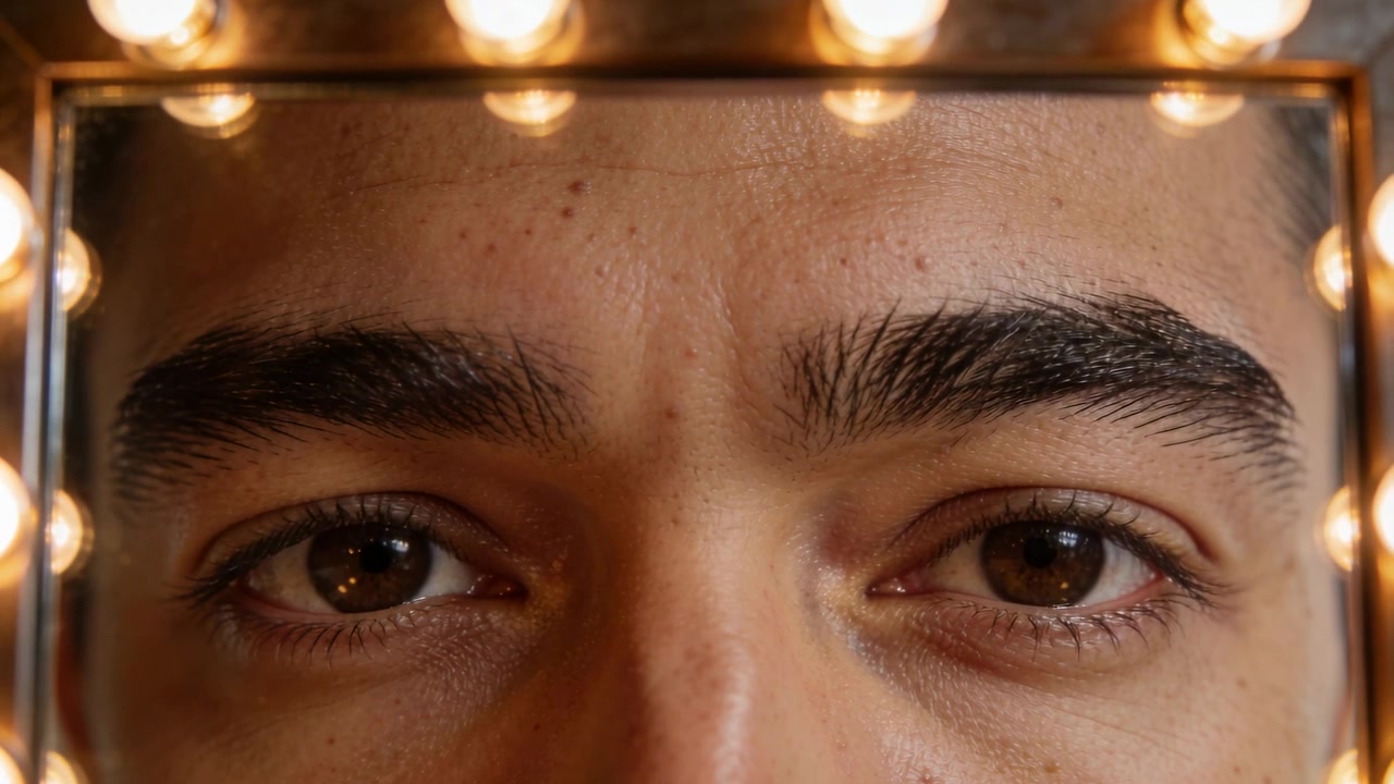 Reacting to slight brow shift adult male holding focused gaze preparing backstage mirror with bulbs