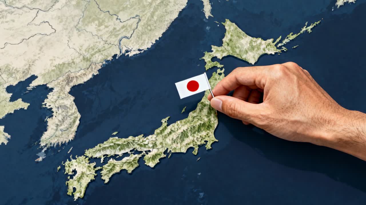本州のレリーフマップ上で右手を合わせるように日の丸を配置し、場所をマーク、コピースペース。