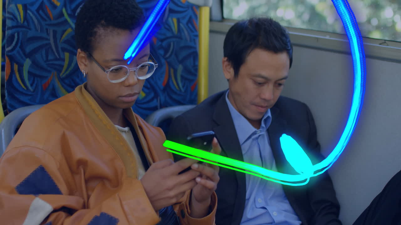Two passengers scrolling smartphones on bus, displaying floating technology icons and data charts