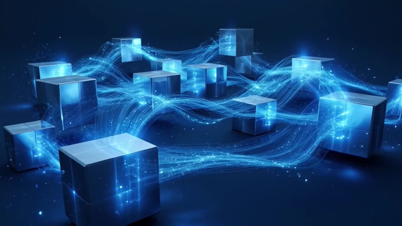 Abstract Digital Cubes Connected by Glowing Data Streams