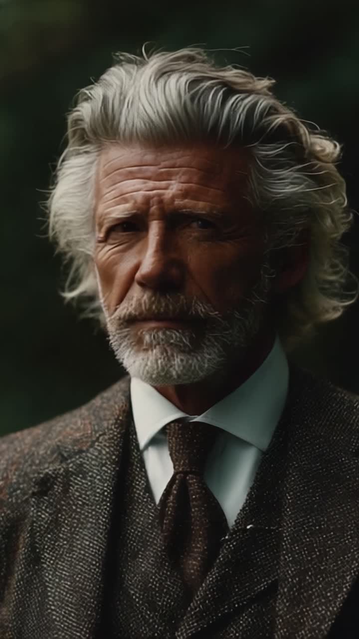 Un distinto gentiluomo con eleganti capelli argentati e un look senza tempo, catturato in due espressioni che evidenziano la sua raffinatezza e il suo carisma.