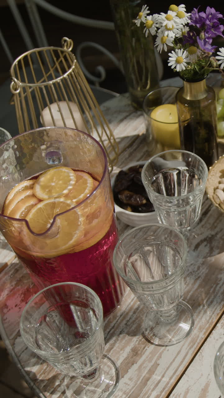 Rustic Outdoor Table Setting with Snacks and Refreshments