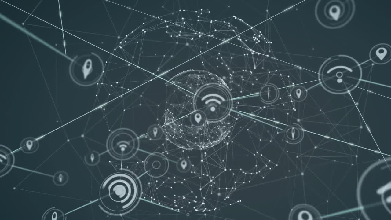 Animation of connected wifi and gps icons moving over globes on black background