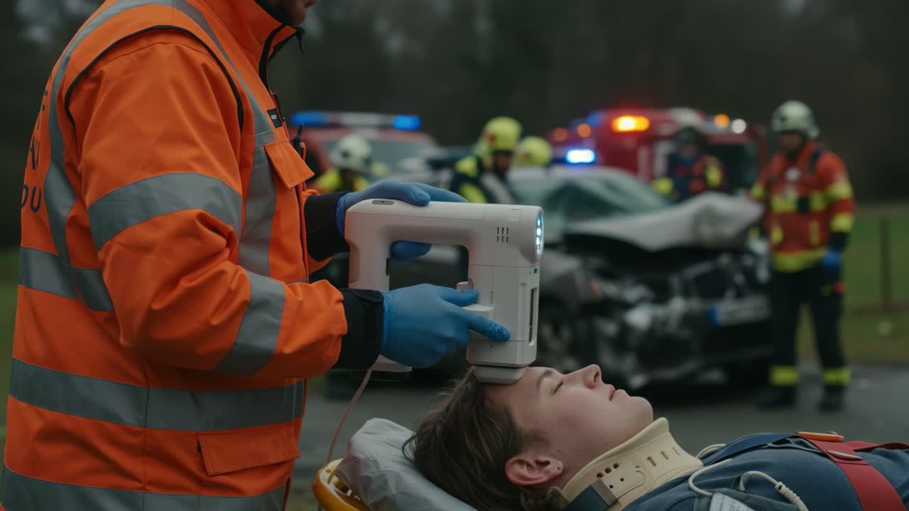 Emergency Medical Personnel Utilize Advanced Equipment to Assess Injured Person at Accident Scene While Firefighters and Paramedics Manage Surrounding Chaos
