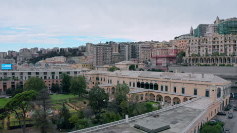 Scenic-aerial-approach-toward-Palazzo-di-Andrea-Doria-in-Genoa,-Italy