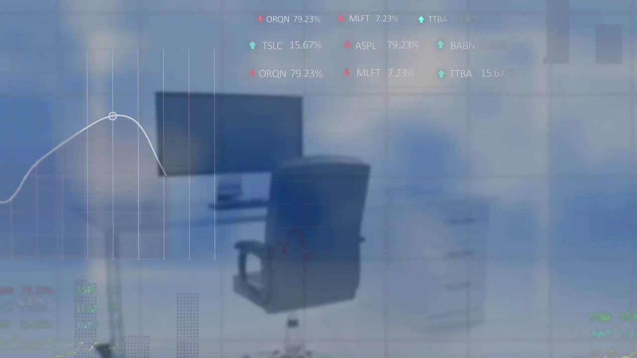 animazione dell'elaborazione dei dati statistici e del mercato azionario contro la scrivania dell'ufficio.