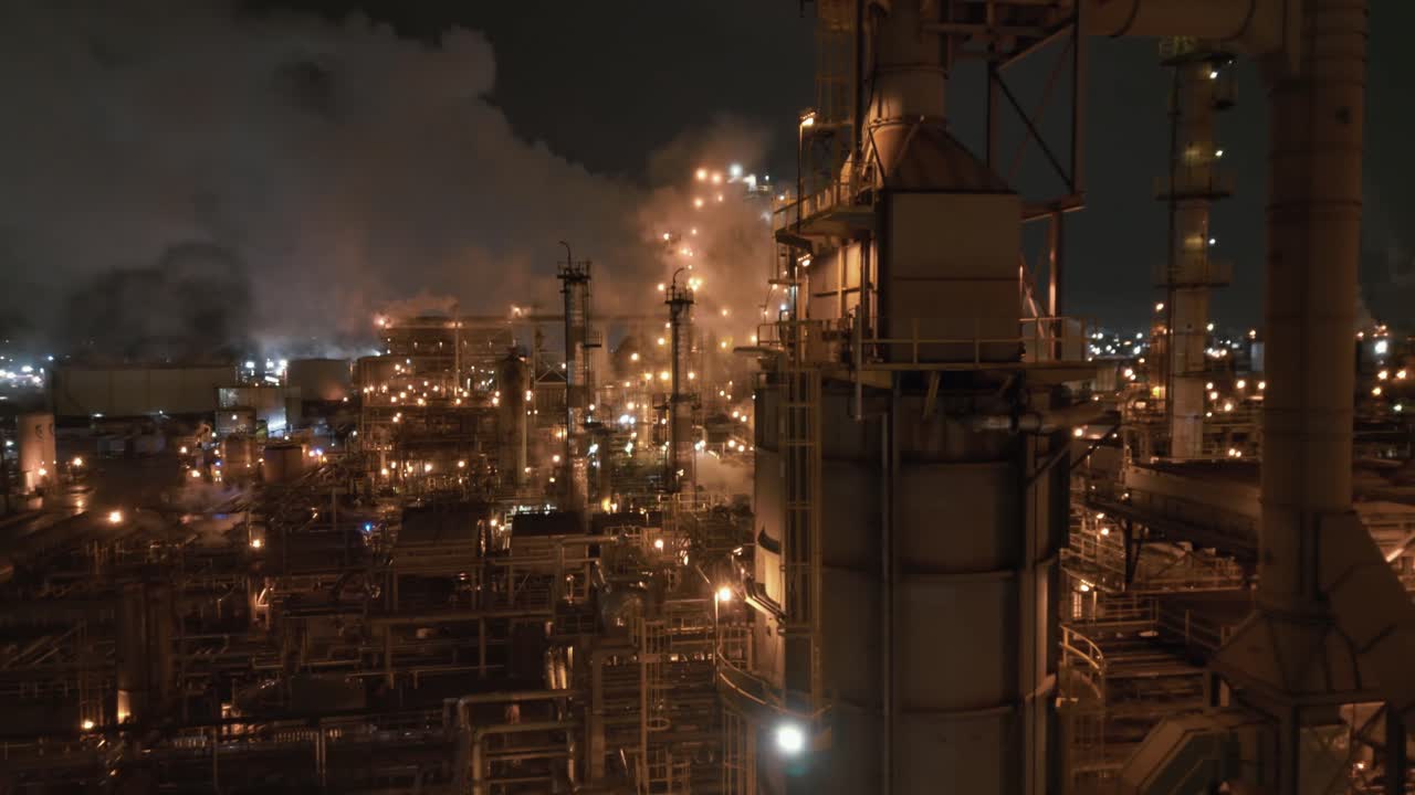 A Glowing Oil Refinery Operates Overnight, With its Towers and Pipelines Shining Against the Dark Sky in Montreal, Canada - Orbit Drone Shot