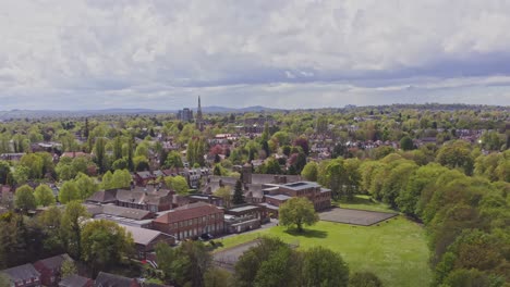 aerial shot of typical english countryside suburban town housing estate