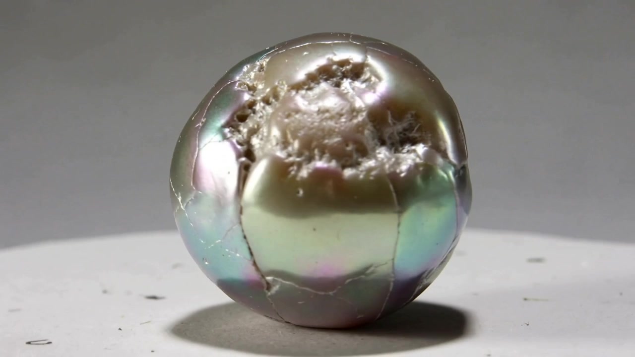Telecamera che si allontana mostrando una sfera metallica iridescente e crepata che ruota su un tavolo da studio, rivelando un cratere.
